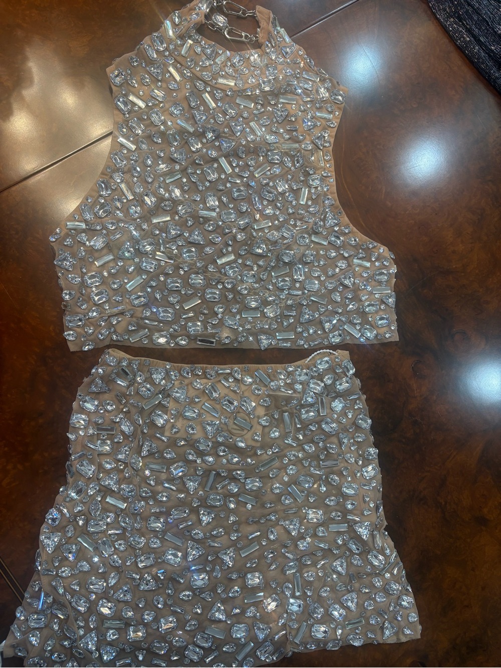 BRAND NEW WITH BOX Embellished Nude Beaded Halter Top and Skirt Set